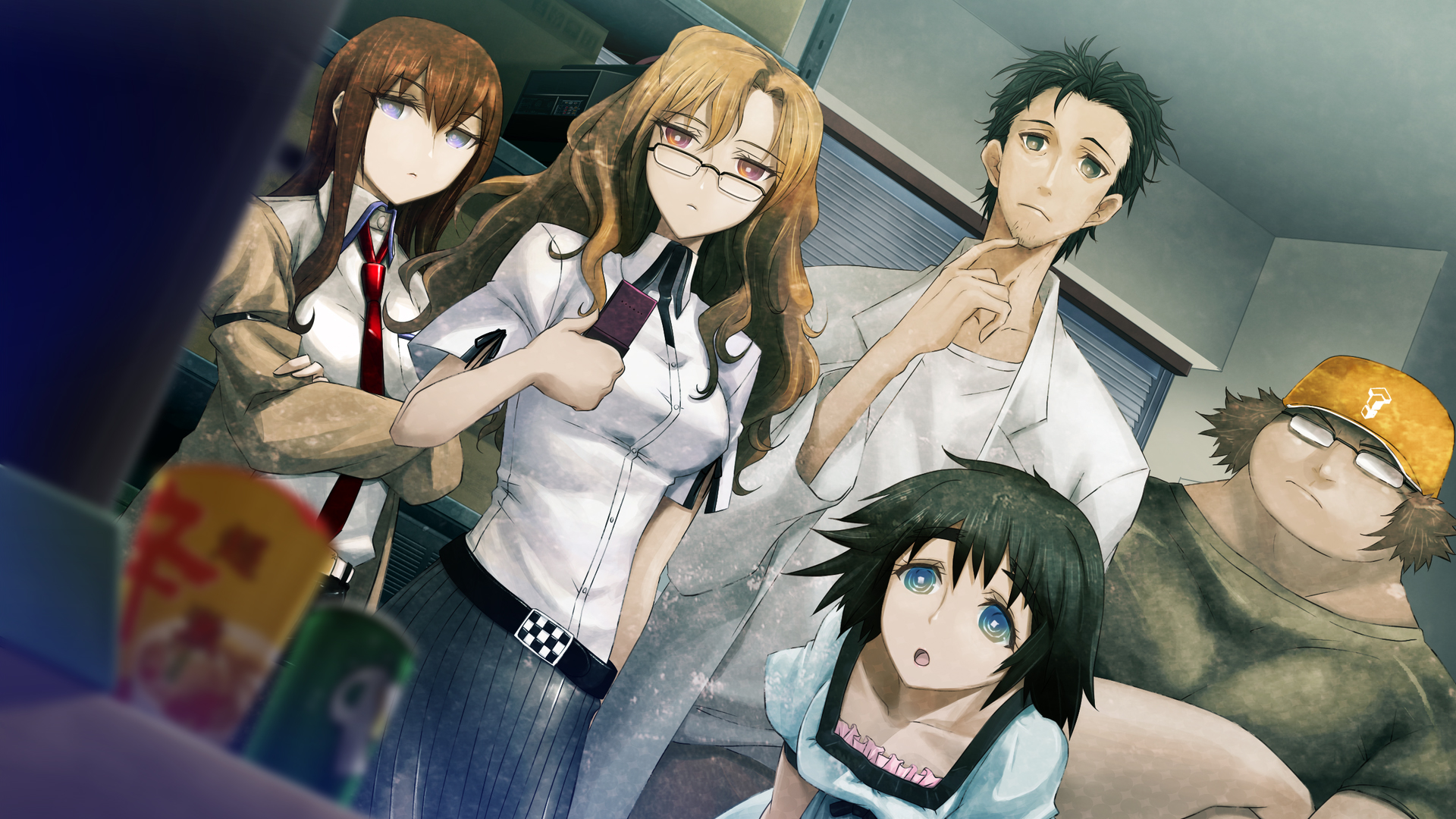 Rintaro, Kurisu, Moeka, Mayuri and Daru